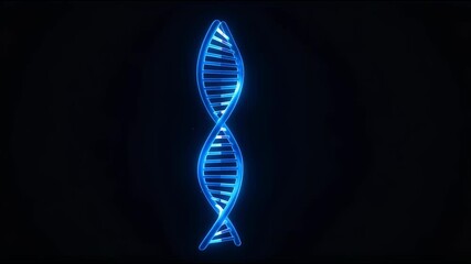 Glowing blue DNA double helix rotating against dark background - Powered by Adobe