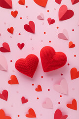 Pair of red hearts for Valentine Day on pink card template vertical top view. Festive love hearts pattern background for romantic celebration, dating and invitation.