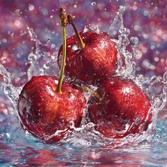 Three Red Cherries Splashing into Water with Colorful Bokeh Photo Background cherry fruit