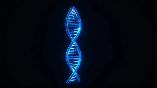 Glowing blue DNA double helix rotating against dark background