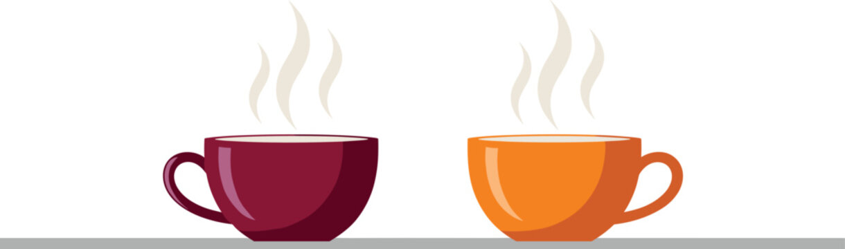Two steaming coffee cups on table representing hot beverages morning routine cafe lifestyle and cozy flat vector illustration