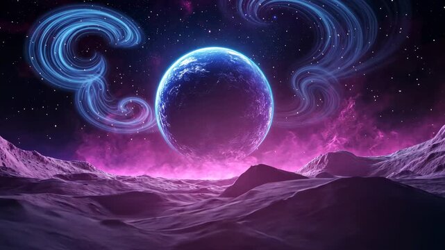 Celestial egg surrounded by cosmic swirls over alien landscape