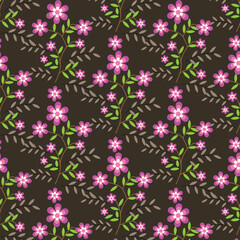Seamless floral pattern featuring delicate and purple flowers with green and gray leafy vine on a dark gray background.Suitable for textile print,fabric for clothing,home decor,wallpaper,packaging,web