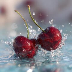 Two Red Cherries Splashing into Water with Reflections cherry fruit Photo