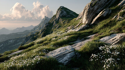 Mountain landscape with rocky slopes, grassy patches, and wildflowers.