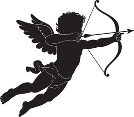 Fototapeta premium Vector illustration of a silhouette Cupid archer with a bow and arrow, a cartoon angel boy and warrior of love for Valentine heart art