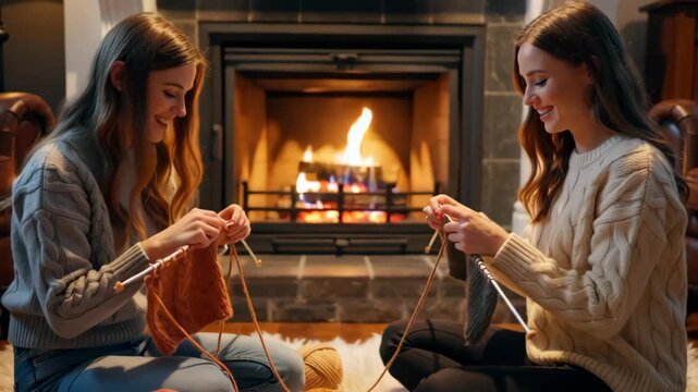 Two young women seated on a cozy rug, knitting and laughing beside a warm fireplace during winter