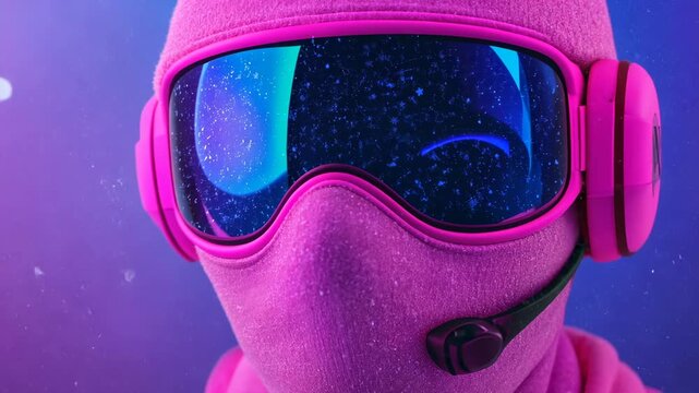 Futuristic pink winter sports enthusiast with hightech goggles and headset