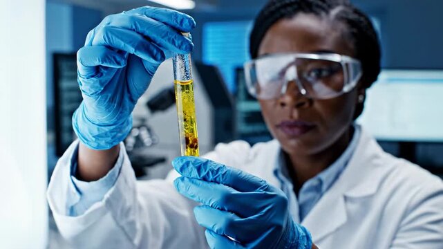 Female scientist analyzing a test tube in a modern laboratory. African American researcher examining a yellow liquid sample with focus. Science and medical research concept