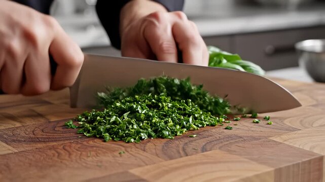 Person chopping fresh herbs on wooden cutting board