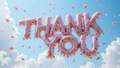 A vibrant "Thank You" message ballooned against a bright sky, surrounded by colorful petals, conveying gratitude and celebration.
