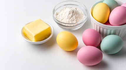 Flour, egg, flour. Ingredients for Easter baking. Easter brunch.