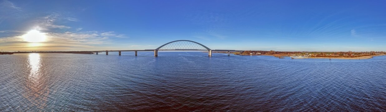 Wide panoramic view of Fehmarnbelt bridge across Baltic Sea