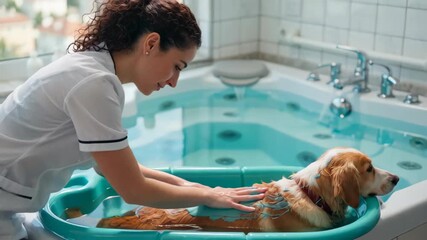 A cheerful professional bathing a beagle in a spa-like setting with warm water and bright natural light
