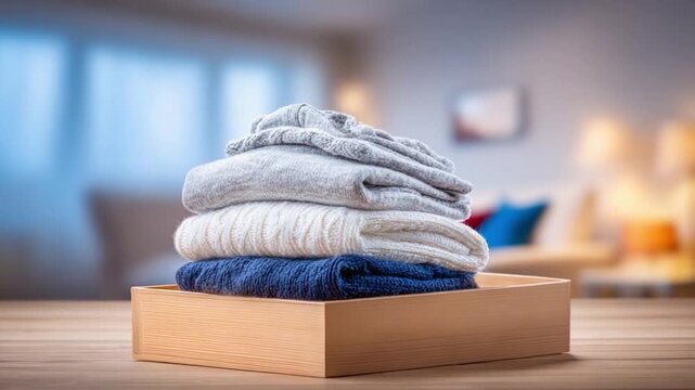 Cozy Comfort: Freshly folded clothes neatly arranged in a wooden box, creating a sense of homey peace, inviting relaxation and offering a visual treat.
