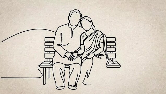 Love's Embrace: An elderly couple shares a tender moment, sitting intimately on a bench together, their silhouettes hinting at a lifetime of shared experiences and affection.