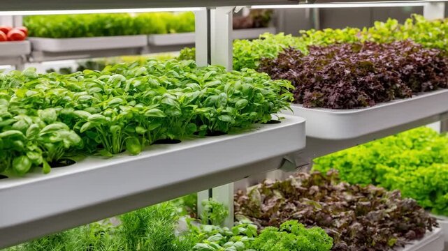 Medium shot capturing innovative soilless vertical farming with various herbs thriving on stacked shelves in a climatecontrolled indoor setup.