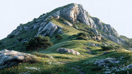A green mountain with rocks, trees, and a winding trail on a sunny day.