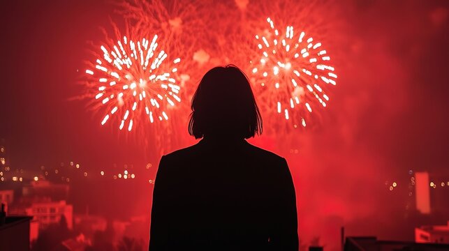 A person watching fireworks explode in the night sky from a rooftop - Powered by Adobe