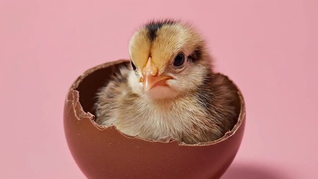 Cute baby chick sitting inside a broken chocolate Easter egg on a pink background