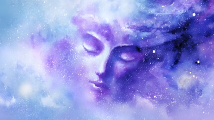 Serene cosmic meditation watercolor illustration a woman&rsquo;s soul journey through dreamy galaxies