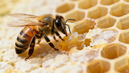 A honeybee working on honeycomb repair with beeswax in natural light. wildlife magazines, conservation campaigns, designed for nature documentaries and education, used by clinicians.