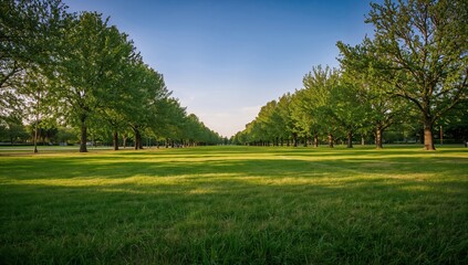 Urban City Park Landscape with Manicured Lawn and Tall Oaks in Fall Season