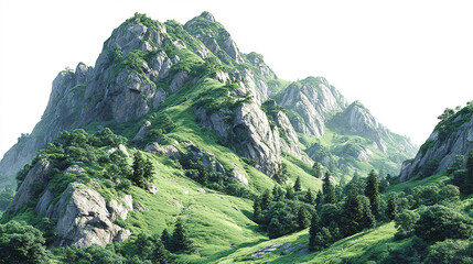 Green, rocky mountain with lush vegetation and trees, under a hazy sky.