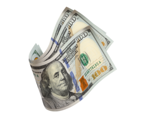 Flying hundred dollar bills, isolated on transparent cutout background