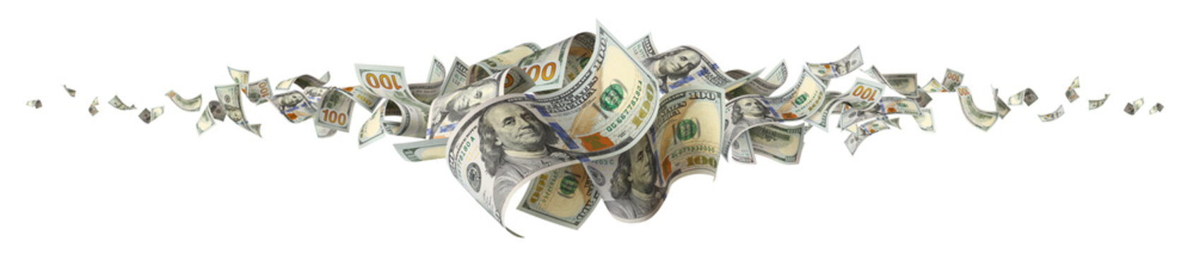 Flying hundred dollar bills, isolated on transparent cutout background