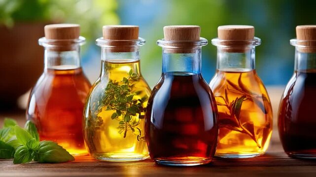 Aromatic Elixirs: An exquisite collection of glass bottles, each filled with flavorful elixirs infused with aromatic herbs and spices, evokes culinary artistry and gastronomic delight.