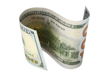 Curved hundred dollar banknote, isolated on transparent cutout background