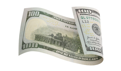 Curved hundred dollar banknote, isolated on transparent cutout background