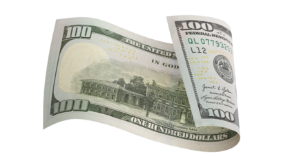 Curved hundred dollar banknote, isolated on transparent cutout background