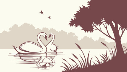 Swan and Cygnet in Serene Lake Scene with Soft Monochromatic Colors in Vector Illustration for Wildlife Conservation