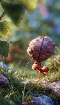 Cartoon ant carrying a large rock through a lush vibrant green environment