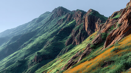 Lush green mountains with colorful wildflowers on sloping hillsides.
