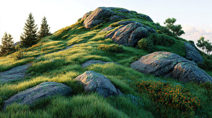 Lush green hillside with rocks, trees, and grassy patches, illuminated by soft sunlight.