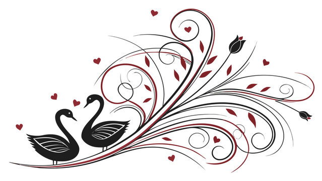 Swans in love surrounded by swirling floral patterns with red hearts and elegant black lines in whimsical illustration for valentines day greeting cards