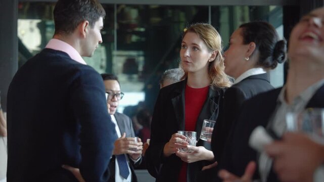 Group of business professionals socializing and networking at corporate event, holding drinks and engaging in conversation. Concept of communication, relationships, and professional connection.
