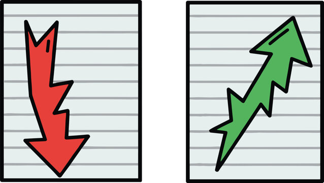 Red downward arrow and green upward arrow chart icons illustrating loss and growth trends on lined background