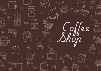 A complete set of simple, hand-drawn line illustrations depicting a coffee shop with all the necessary equipment, including a coffee grinder, coffee pot, pastries, donuts, and flowers, all presented i