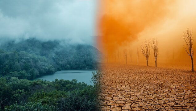 Stark visual juxtaposition contrasting lush vibrant green forest with a desolate cracked earth landscape symbolizing devastating climate change impact and global warming