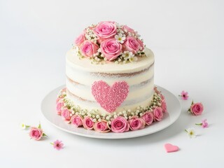 Delightful pink rose cake isolated on white background