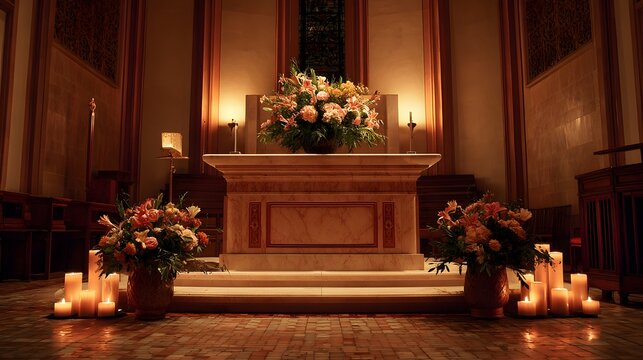 Beautifully Decorated Church Altar with Flowers and Candles.