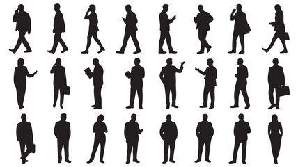 Silhouettes of business people in various poses and actions in black on white background for graphic design