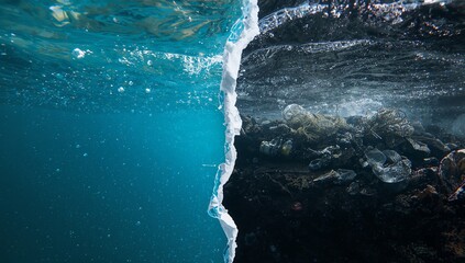Stark contrast between clean turquoise ocean water and dark seabed dangerously filled with polluting plastic waste illustrates serious environmental pollution crisis