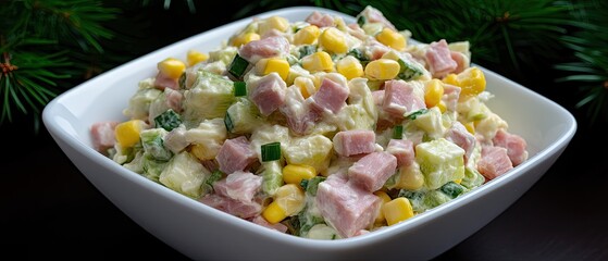 Creamy vegetable salad with ham and corn served in a white bowl on a rustic wooden table surrounded by pine branches