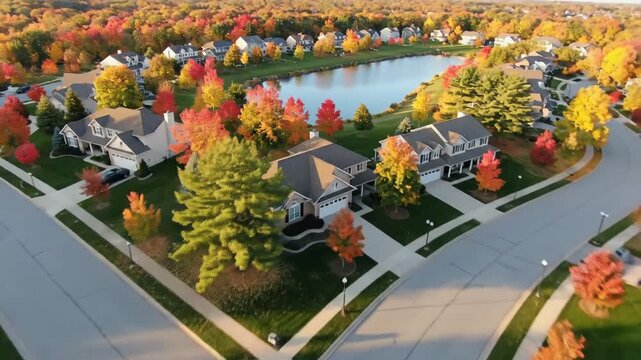 Aerial View of Suburban Neighborhood During Autumn Foliage.