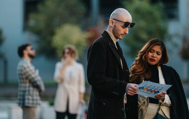 Obraz premium Bald man in a dark coat and sunglasses studies a chart with a woman as they discuss a document outdoors. Two blurred figures chat in the background, capturing a professional urban moment.